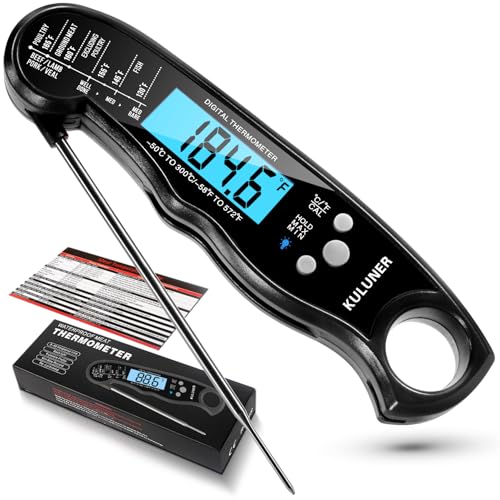 KULUNER TP-01 Waterproof Digital Instant Read Meat Thermometer with 4.6 Folding Probe Backlight Calibration Function for Cooking Food Candy, BBQ Grill, Liquids,Beef(Black)