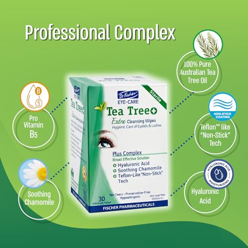 Dr. Fischer Tea Tree Oil Eye Wipes - Hypoallergenic Eyelid Wipes for Sensitive Eyes with Hyaluronic Acid and Chamomile, Makeup Remover, Daily Cleanser (30 wipes)