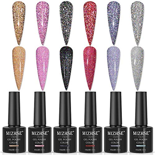 MIZHSE Diamond Gel Nail Polish, Reflective Colorful Glitter Gel Polish Set Reflective Diamond Gel Nail Polish, Sliver Glitter Gel Polish Set