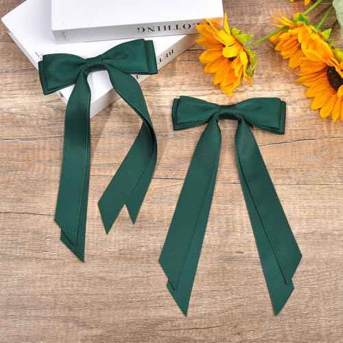 2PCS Silky Satin Hair Bows Hair Clip Green Hair Ribbon Ponytail Holder Accessories Slides Metal Clips Hair Bow for Women Girls Toddlers Teens Kids