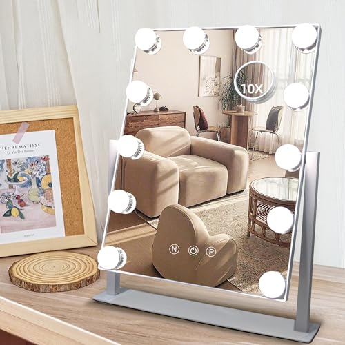 Hollywood Vanity Mirror with Lights, 12 Dimmable LED Bulbs Lighted Makeup Mirror with Detachable 10X Magnification Mirror, 1000mAh Rechargeable, 3 Color Lights, Touch Control