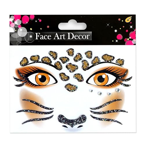 Leopard Face Temporary Tattoos Cheetah Face Stickers Leopard Face Stickers Cheetah Face Tattoo Makeup Cheetah Leopard Print Tattoos Glitter Halloween Cosplay Costume Accessories for Face Stickers 1Pcs