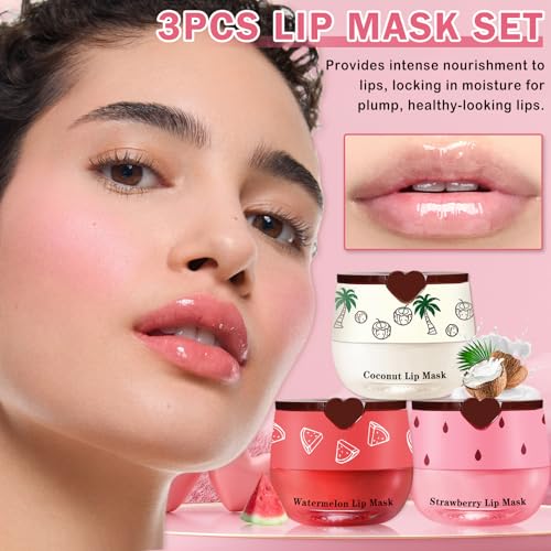 Honey Pot Lip Balm,3PCS Coconut Watermelon Strawberry Lip Balm,Moisturizing and Repair Bee Lip Balm Honey Pot,Prevention Dry and Crack Lip Mask Overnight