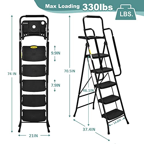 HBTower 5 Step Ladder with Handrails, Folding Step Stool with Tool Platform, 330 LBS Portable Steel Ladder for Adults for Home Kitchen Library Office, Black