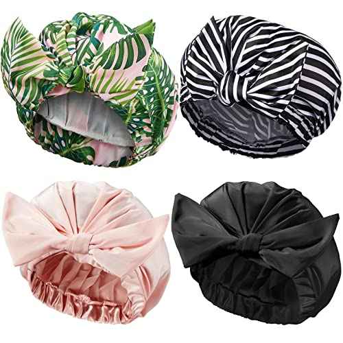 4 Pcs Shower Caps for Women, Waterproof Reusable Shower Hair Caps Bowknot Satin Bath Hair Caps Elastic Hem Turban Bath Caps for Long Short Curly Hair Women Girls (Stripe)