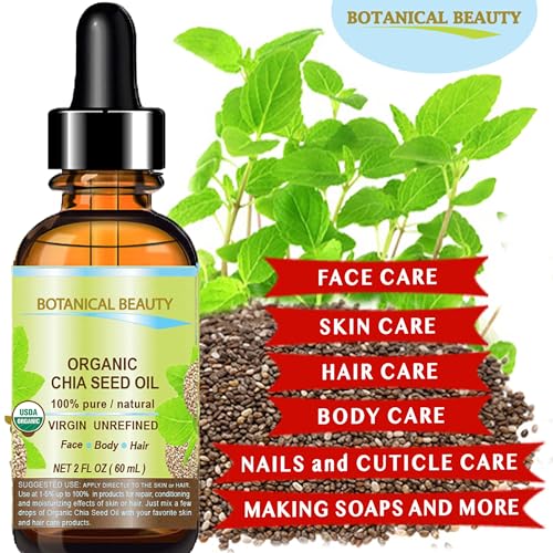 Botanical Beauty Organic CHIA SEED OIL 100% Pure Natural Virgin Unrefined Cold-Pressed Carrier Oil 1 Fl Oz 30 ml for Face, Skin, Body, Hair, Lip, Nails. Rich in Vitamin E