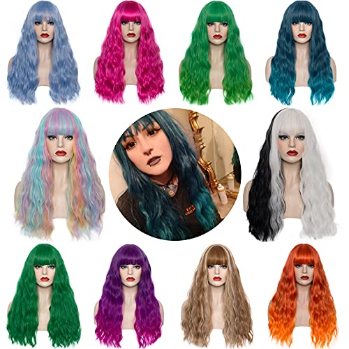 WGPFWIG Women's Blue Wig 22''Long Curly Wavy Wig Shoulder Length Flat Bangs Wig For Women Girl Cosplay Party Halloween Wig Cap Included (22''Blue)