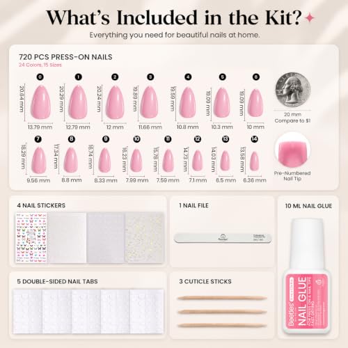 Beetles Press On Nails Kit 720 Pcs Short Almond 24 Colors