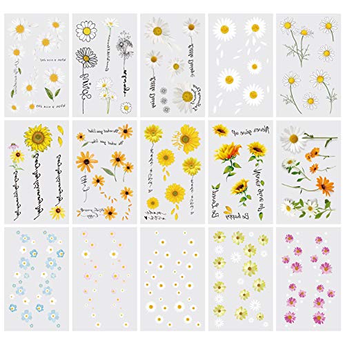 Temporary Tattoo Stickers for Women - 15 Sheets Daisy Flower Design