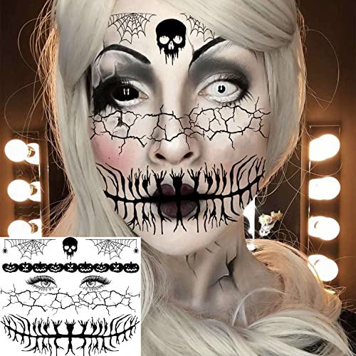 4 Sheets Scary Halloween Face Temporary Tattoos For Women Men, 3D Witch Zombie Makeup Kit For Kids Girls Boys Adults, Dia de los muertos Day of the Dead Makeup Face Tattoos Spider Web Bat Scar