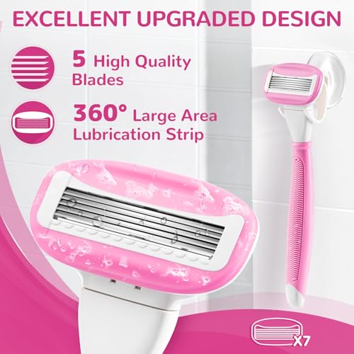 Razors for Women Include 1 Non-Slip Handle and 7 Blade Refills with a Shower Holder, 5 Premium Blades Women's Razors for Shaving with 360¡Æ Lubrication Reduces Irritation, Pink