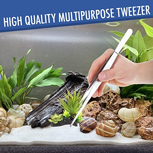 Stainless Steel Tweezers Straight Tip 10 inch, Durable Lightweight Garden Feeding Aquatic Plants Forceps Tongs with Comfortable Ridged Long Handle for Crafting Cooking Aquariums Repairing All-Purpose
