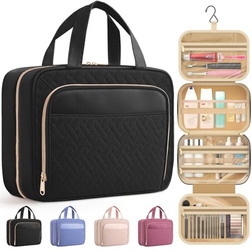 HOTOR Travel Toiletry Bag for Women & Men, Waterproof Makeup Bag with Hanging Hook and Multiple Pockets, Cosmetic Bags for Women, Travel Essentials, 12.6'' x 4.3'' x 9.9'', Black