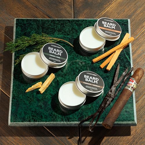 LOVERY Beard Balm for Men, Gift Set in Unscented, Sandalwood, Tobacco Vanilla, Cedar Pine Fragrances, All-Natural Wax, Cream Softener Butter, 4 Pack