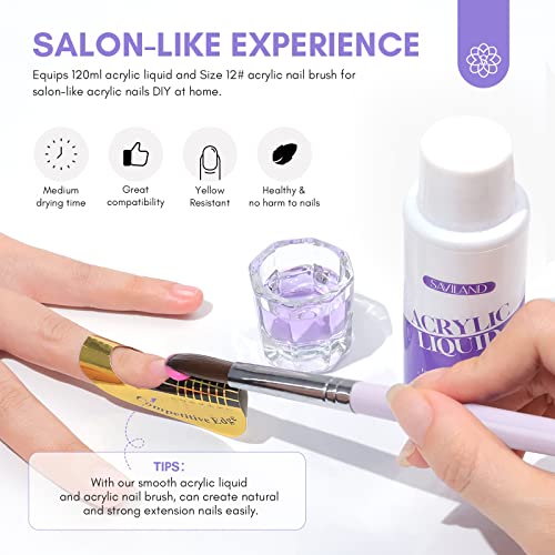SAVILAND Monomer Acrylic Nail Liquid Kit: 12 OZ Non-yellowing Acrylic Liquid Monomer with 4PCS Acrylic Nail Brushes for Acrylic Application, Size 8/10/12/14