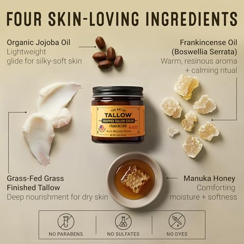 Frankincense Whipped Tallow Cream with Manuka Honey (1.5 oz) | 100% Grass-Fed & Grass-Finished Tallow + Organic Jojoba Oil | Non-Comedogenic Face & Body Balm | Made in USA