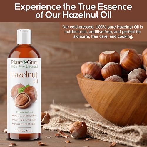 Plant Guru Hazelnut Oil 16 fl. oz. Cold Pressed 100% Pure Natural Carrier - Skin, Face, Body And Hair Growth Moisturizer. Great For DYI Cream, Lotions and Lip balm.