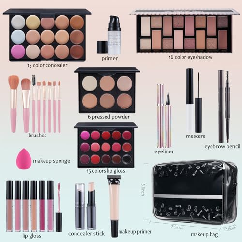 Makeup Kit For Women Full kit, Makeup Set For Teen Girls Eyeshadow Lip gloss Lipstick Make up Brushes Eyebrow Eyeliner Pen Liquid Concealer Foundation Primer Puff Eye shadow Shields Eye Brow Stencil