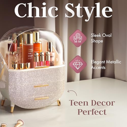 Covered Makeup Cosmetic Countertop - Large Cosmetic Organizer - Trendy Oval Shape Storage for Skin Care Organizer - Clear Lid, Storage Drawers, Carry Handle - Cute Stylish Decor Solution (Diamond)