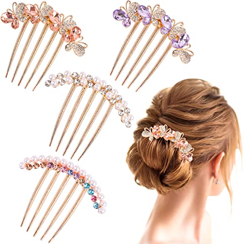 Pearl Rhinestone Hair Combs - 4-Piece Butterfly Clip Set for Buns & Updos