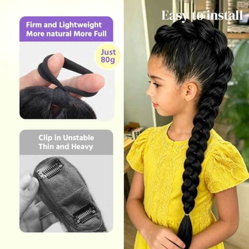 26 Inch Black Braided Ponytail Extension - Lightweight & Hypoallergenic