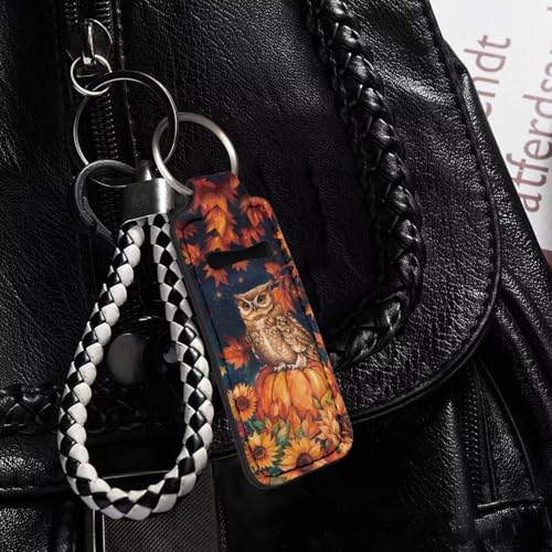 Maple Leaf Owl Chapstick Holder Keychain with Metal Ring