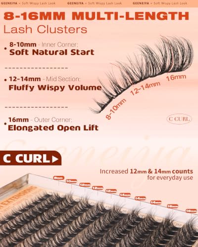 Geeneiya Natural Fluffy Lash Clusters | C Curl 8-16mm DIY Eyelash Extensions