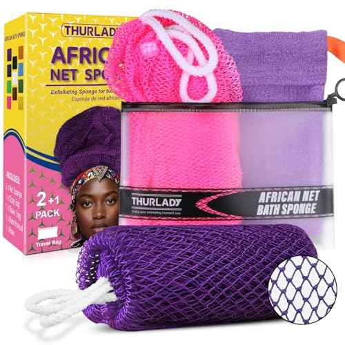African Net Sponge, 2 Pack African Bath Sponge Scrub Net, Gentle Exfoliation for Daily Shower Use, Pink and Purple