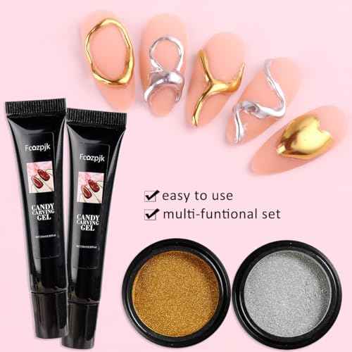 3D Sculpting Gel for Nail Art, 2PCS 10g Clear 3D Gel Liner Polish Carving Modeling Gels for Nail Design, 5D Embossed Candy Gels with Gold Silver Chrome Powder Kit