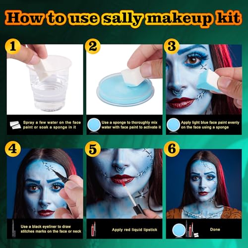 Sally Costume Makeup Kit - Light Blue Face Paint, Red Lipstick & Eyeliner