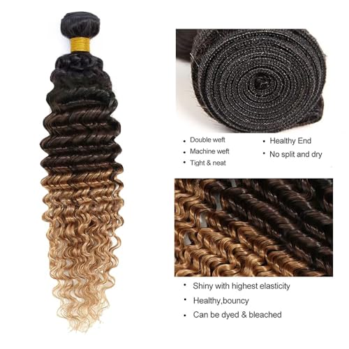 Freiuoke 300g T1B427 Deep Wave Human Hair Bundles Honey Blonde & Black 12-16 Inch