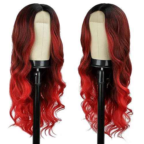Red Wavy Wig 26 Inch Long Red Ombre Wigs for Women Ombre Red Middle Part Wig Synthetic Heat Resistant for Daily Party Use (Ombre Red 26 Inch)