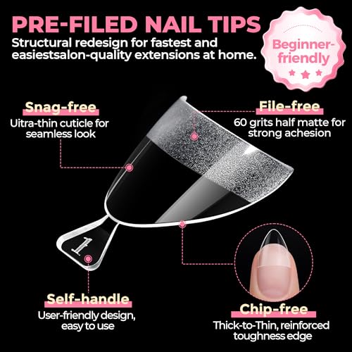 UNA GELLA Extra Short Almond Gel Nail Tips - 504 Pcs Pre-Etched Half Cover