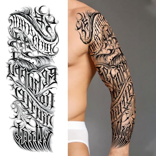20 Sheets Maori Flower Full Arm Sleeve Temporary Tattoos For Women Adults Thigh, Half Arm Sleeve Tattoos For Men Prayer Rose Peony Florals Eagle Wolf Angel Wings, Black Halloween Fake Tattoo Stickers