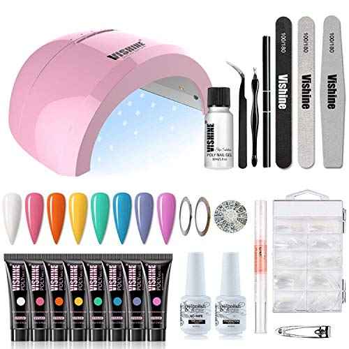 Vishine Poly Nail Extension Gel Kit - 8 Colors, 48W LED UV Lamp, Builder Gel, Slip Solution, Base Top Coat, Rhinestone Nail Manicure Beginner Starter Kit