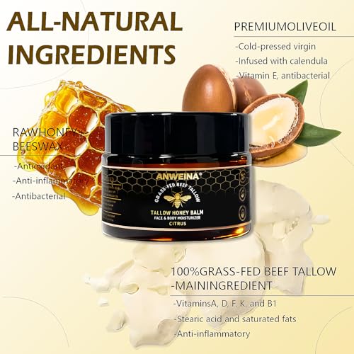 Organic Grass-Fed Tallow Honey Balm, Beef-Tallow for Skin Whipped Beef Tallow and HoneyBalm with Raw Honey - Natural Beef Tallow Face Moisturizer for Body & Face (2 Oz)