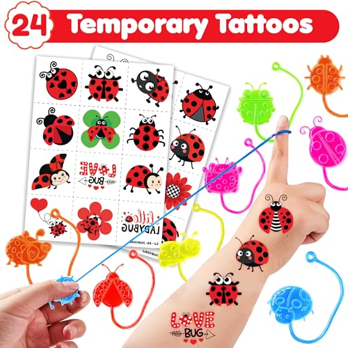 48PCS Ladybug Party Favors - 24PCS Temporary Tattoos & 24PCS Stick Hands Party - Perfect Birthday Party Supplies, Goodie Bag Stuffers, Treasure Box Toys, Classroom Prizes, and Student Gifts