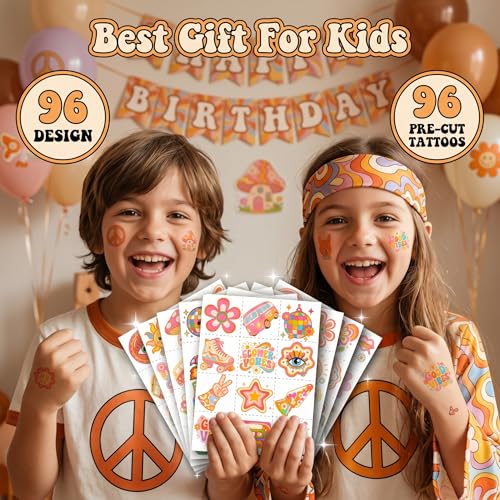 96 Pcs Groovy 70s Temporary Tattoos | Pre-Cut Kids Party Favors