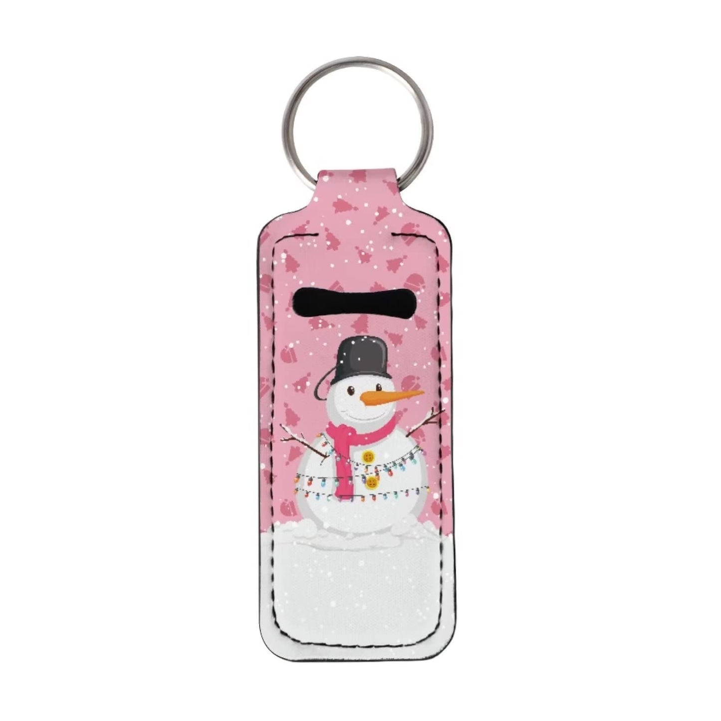 SEANATIVE Women Girls Chapstick Holder Keychain Pink, Christmas Snowman Print Lip Balm Pouch Sleeve with Metal Keyring