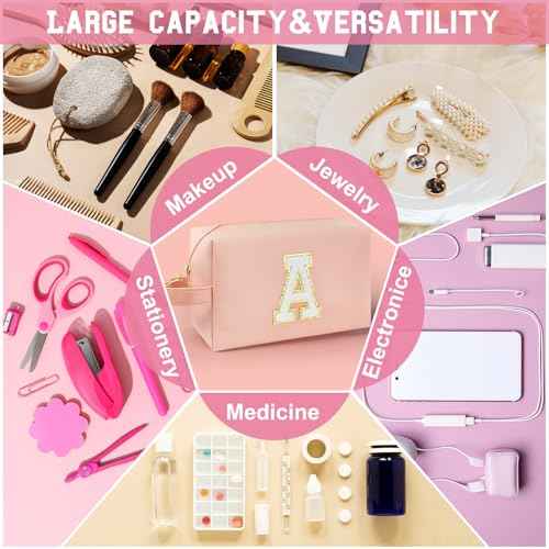 Personalized Initial Makeup Bag with Handle, Preppy Cosmetic Bag with Inner Zipper Pocket, 8 9 10 11 12 13 14 Years Old Girl, Graduation Gifts for Teen Girls Women Teachers (A, Pink)