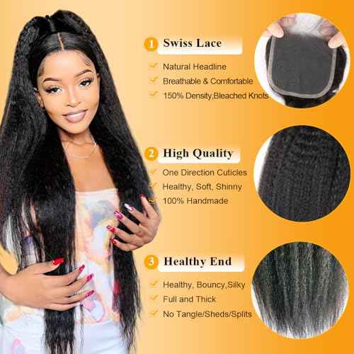 QTHAIR 16A Virgin Kinky Straight Lace Closure (18inch) 4x4 Free Part 150% Density Top Swiss Lace Natural Kinky Straight Human Hair Closure with Baby Hair