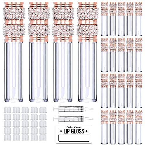 AMORIX 24 Pack Pearl Diamond Lip Gloss Tubes with Wand 5ml Empty Containers + 2pcs Syringes for DIY Lip Balm