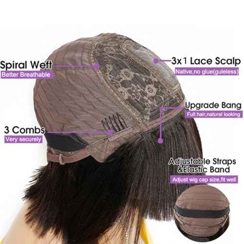 CORDELIA Bob Wig with Bangs Human Hair Wigs Glueless Wigs Straight Layered Bob Wigs with Bangs 1X3 Transparent Lace Bob Wigs Black for Women (10)