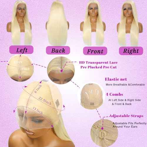 32 Inch 613 13x6 Lace Front Wigs Human Hair Straight Blonde Wig 180% Density 613 Lace Front Wig Human Hair for Women, Pre Plucked, Minimal Shedding, Soft Texture, Natural Look for Daily Wear