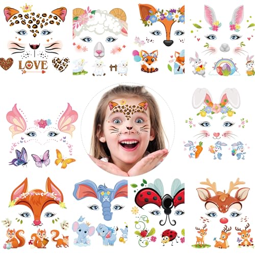 Kids Animal Face Tattoos, 10 Sheets Water Transfer Temporary Tattoos