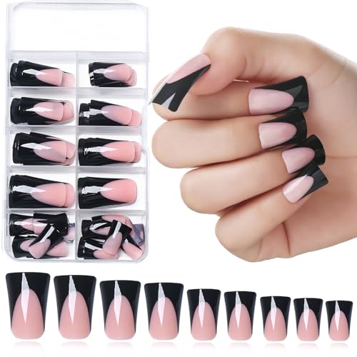 120Pcs Duck Nails Press on Black French Tips, Pink Press on Nail Duck Feet Style, 12 Sizes Glossy Duck Nail Tip Full Cover, Acrylic Nail for Nail Extensions Professional Salon and Home DIY Nail Art