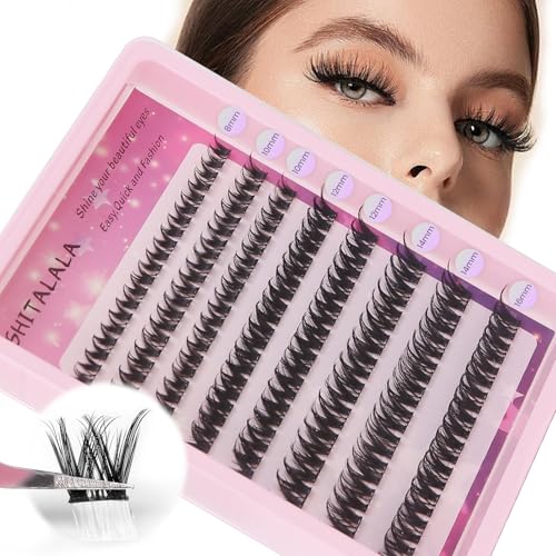 SHITALALA Natural Self Adhesive Lash Clusters Reusable DIY Eyelash Extensions Kit with Tweezers 80 Pcs Pre Glued Lashes Clusters No Glue