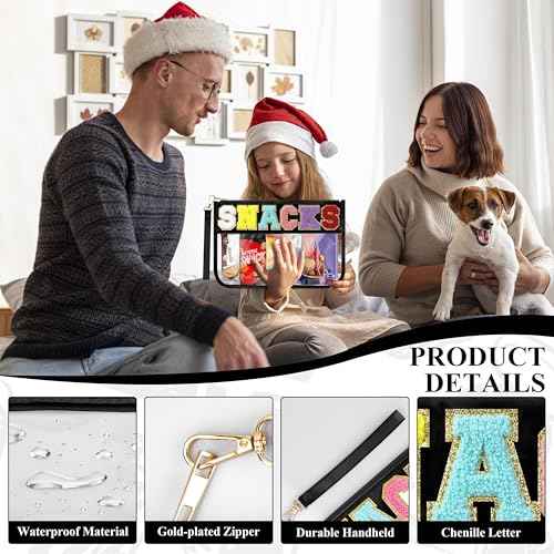 Snack Bag for Travel & Makeup - Clear Chenille Letter Zipper Pouch, Waterproof Cosmetic Tote Bag for Women & Girls (Black)