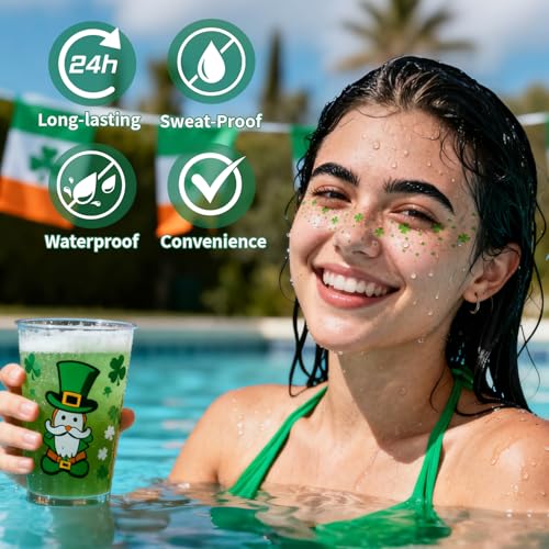 St Patrick's Day Green Glitter Face Tattoos (6 Stickers)