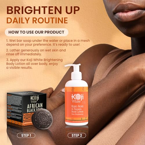 Koji White African Black Soap Bar with Kojic Acid for Exfoliating Body Wash - Face Exfoliating Soap & Face Moisturizer with Shea Butter, Aloe Vera, Coconut Oil - Vegan, Paraben-Free, 2.82oz (2 Bars)